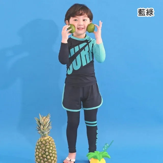 【橘魔法】大字母衝浪插肩長袖防曬泳衣+長褲+短泳褲(3件式 水母衣 潛水衣 大童 女童 兒童 防曬 泳裝 游泳)