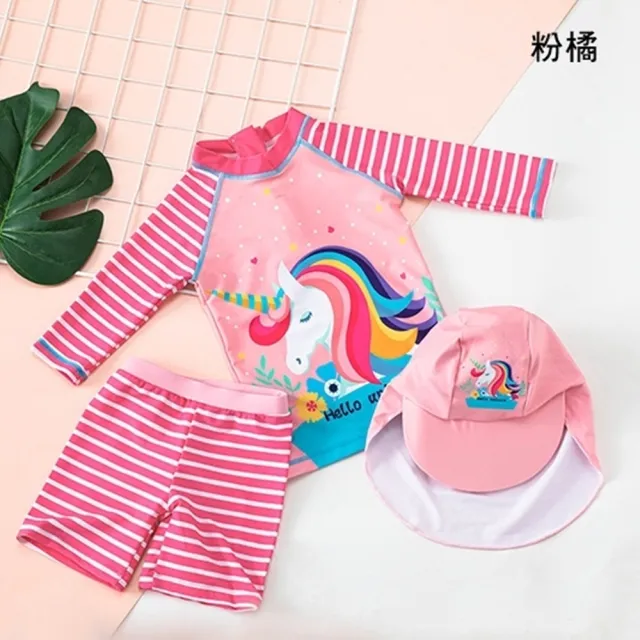 【橘魔法】花草彩虹獨角獸七分袖泳衣+泳褲+防曬泳帽(3件式 套裝 泳裝 泳衣 兒童 女童 童裝 海邊 玩水)