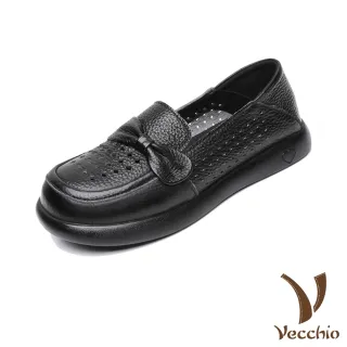 【Vecchio】真皮樂福鞋 平底樂福鞋/真皮頭層牛皮菱格沖孔蝴蝶結兩穿法設計平底樂福鞋(黑)