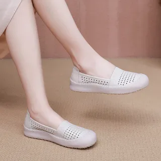 【Vecchio】真皮樂福鞋 厚底樂福鞋/真皮頭層牛皮菱格洞洞沖孔手工縫線厚底樂福鞋(白)