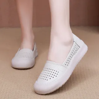 【Vecchio】真皮樂福鞋 厚底樂福鞋/真皮頭層牛皮菱格洞洞沖孔手工縫線厚底樂福鞋(白)