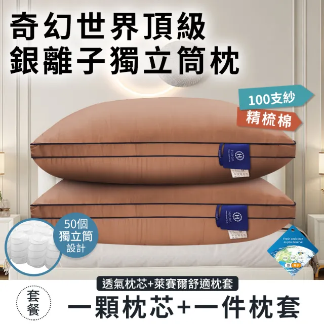 【Hilton 希爾頓】奇幻世界頂級銀離子純萊賽爾100支紗獨立筒枕/二入組/二色任選(枕芯x2+枕套x2/枕頭)