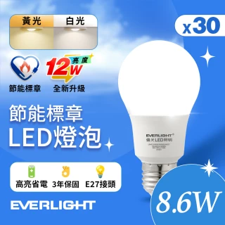 【Everlight 億光】30入組 LED燈泡 12W亮度 超節能plus 僅8.6W用電量(白光/黃光)