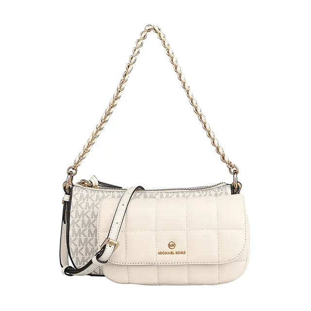 【Michael Kors】MICHAEL KORS 經典LOGO四合一PVC搭縫線牛皮拉鍊釦式手提斜背包(香草白x米白)