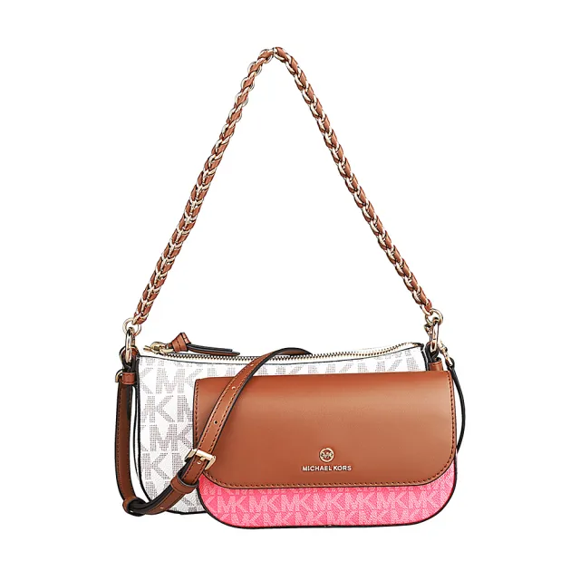 【Michael Kors】MICHAEL KORS 四合一PVC搭牛皮拉鍊釦式手提斜背包(香草白x橡子棕x茶玫瑰粉)