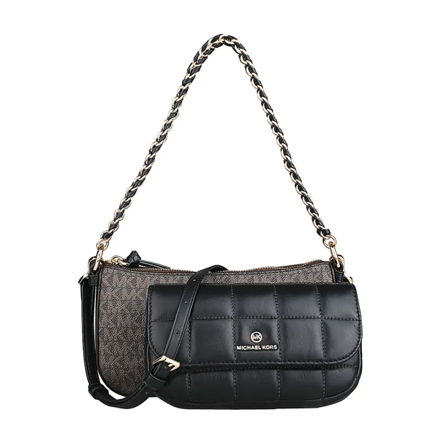【Michael Kors】MICHAEL KORS 經典LOGO四合一PVC搭縫線牛皮拉鍊釦式手提斜背包(深褐x黑)