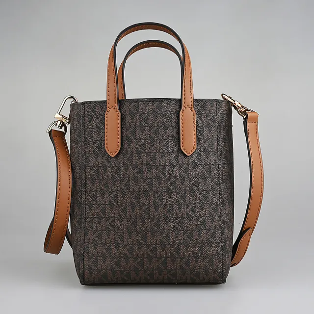 【Michael Kors】MICHAEL KORS Sinclair 塗層帆布吸釦式手提斜背包(超小號/深褐x橡子棕)