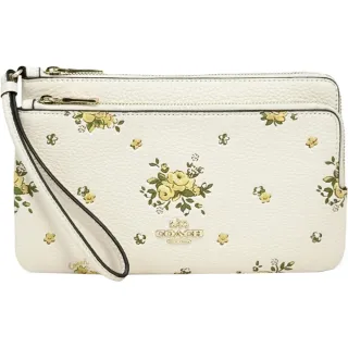 【COACH】黃花朵X白皮革雙拉鍊大款手拿包
