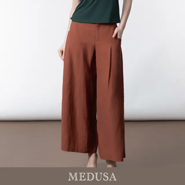 【MEDUSA 曼度莎】現貨-亞麻寬版翻摺口袋長寬褲（M-L）｜女休閒褲 涼感長褲 顯瘦寬褲(601-74802)