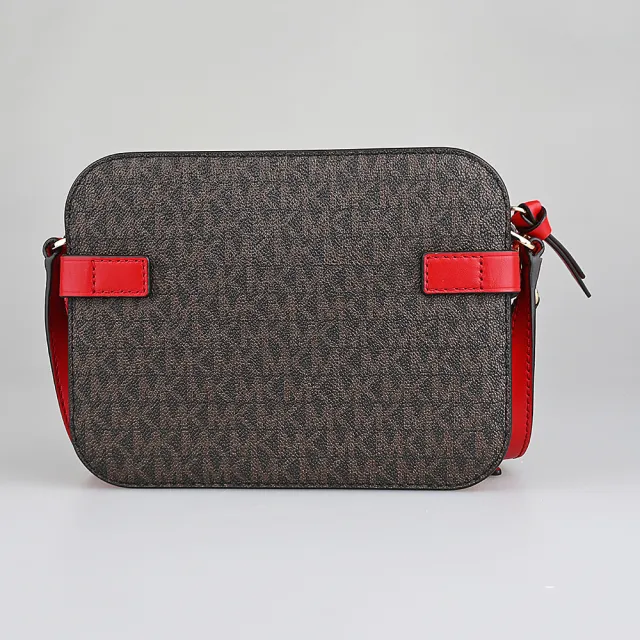【Michael Kors】MICHAEL KORS Carmen側邊可調節設計印花塗層帆布搭牛皮拉鍊斜背方包(深褐x紅)