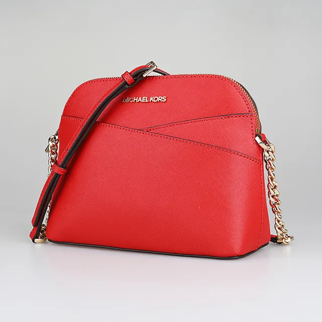 【Michael Kors】MICHAEL KORS Jet Set Travel圓頂造型十字紋防刮皮革拉鍊斜背包(中/火焰紅)