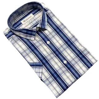 【MURANO】全棉時尚短袖襯衫-藍白格條紋(M~2XL 台灣製、現貨、短袖、條紋、格紋、全棉)