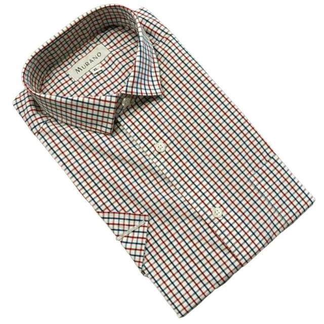 【MURANO】全棉時尚短袖襯衫-紅藍線白格(M~2XL 台灣製、現貨、短袖、條紋、格紋、全棉)