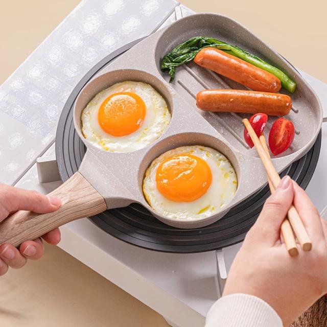 【鼎匠】升級版★三合一早餐煎蛋鍋雞蛋漢堡鍋牛排麥飯石不沾平底鍋(米白2圓孔+1長方型煎荷包蛋模具電磁爐)