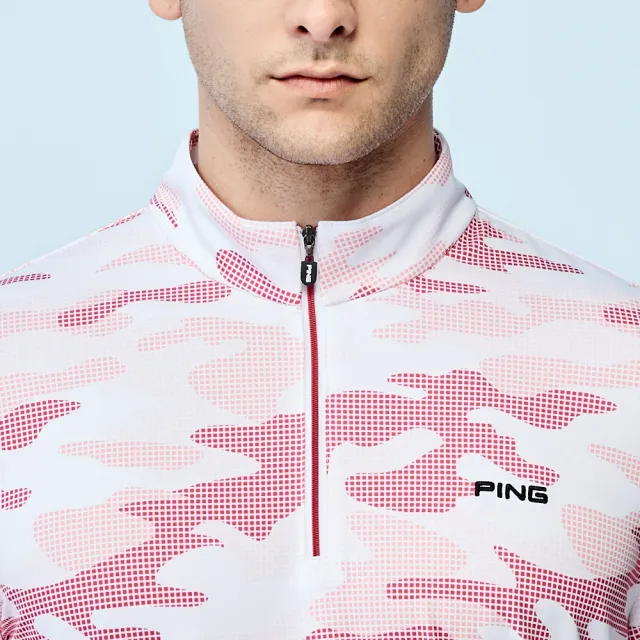 【PING】男款迷彩抗UV高爾夫短袖立領上衣-紅(吸濕排汗/GOLF/高爾夫球衫/PA25128-18)