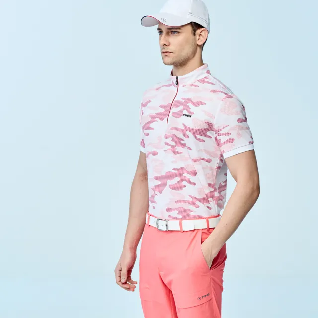 【PING】男款迷彩抗UV高爾夫短袖立領上衣-紅(吸濕排汗/GOLF/高爾夫球衫/PA25128-18)