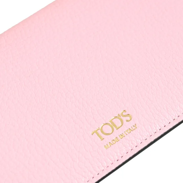 【TOD’S】TODS 簡約烙印LOGO荔枝牛皮內裏撞色零錢長夾(粉)
