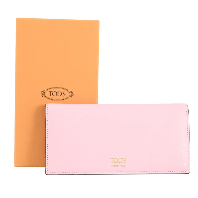 【TOD’S】TODS 簡約烙印LOGO荔枝牛皮內裏撞色零錢長夾(粉)