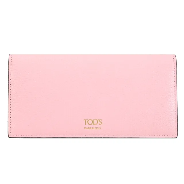 【TOD’S】TODS 簡約烙印LOGO荔枝牛皮內裏撞色零錢長夾(粉)