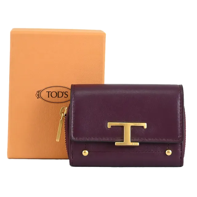 【TOD’S】TODS 金屬T LOGO小牛皮信用卡證件名片零錢包(深紫)