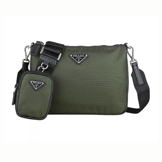 【PRADA 普拉達】PRADA Re-Nylon+Saffiano簡約三角鐵牌LOGO再生尼龍/防刮牛皮拉鍊斜背包(軍綠)