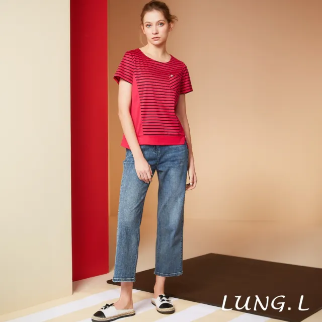 【LUNG.L 林佳樺】LS12A 桃紅色條紋脇邊拼接素面棉質短袖女裝T恤(春夏新品)