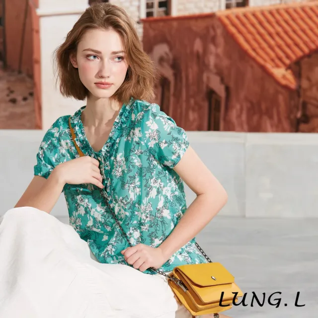 【LUNG.L 林佳樺】LS44A 湖綠色印花荷葉領短袖棉質女裝上衣(春夏新品)