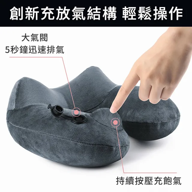 Flymate 按壓快速充氣頸枕 超小收納 快速排氣閥 駝峰護頸U型枕 涼感冰絲 旅行飛機枕(★旅遊必備★)