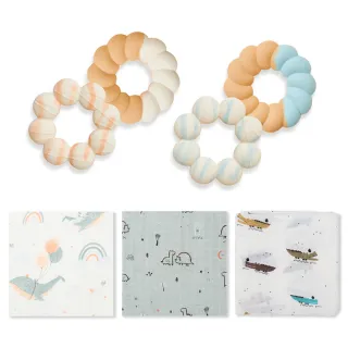 【bimbidreams 奇哥】寶寶呵護禮 竹纖維紗布包巾120x120cm+奇哥甜甜圈咬咬樂固齒器2入組(紗布被 哺乳巾)