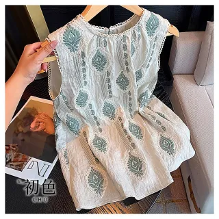 【初色】波西米亞風復古圖騰刺繡圓領無袖蕾絲上衣背心女背心-白色-13605(M-2XL可選)