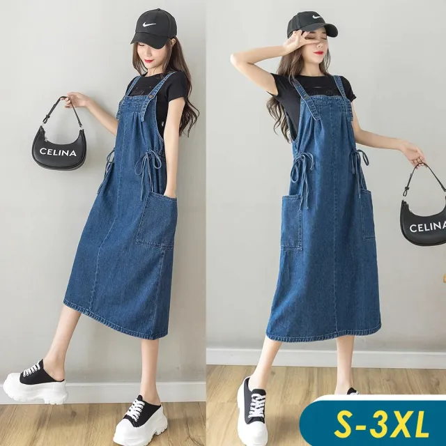【CHACO】/預購/女中大碼 吊帶牛仔雙側繫帶寬鬆連身裙#5005(吊帶 牛仔 連身裙 四季)