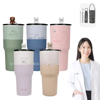 【IKUK 艾可】真陶瓷保溫杯-全陶瓷吸管杯冰霸杯900ml贈5件組(吸管杯/陶瓷保溫瓶/大容量保冰杯/飲料環保杯)