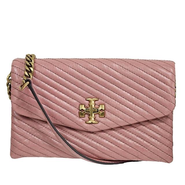 【TORY BURCH】TB小香風 kira復古金屬LOGO細絎縫斜WOC鍊條斜背包(粉色/贈原廠防塵袋紙袋)