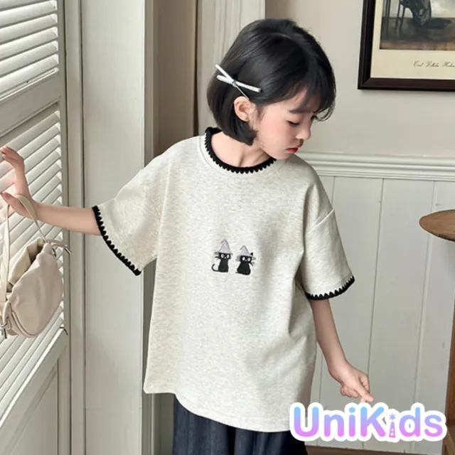 【UniKids】中大童裝短袖T恤 刺繡小貓上衣 女大童裝 VPSM2596(上衣)