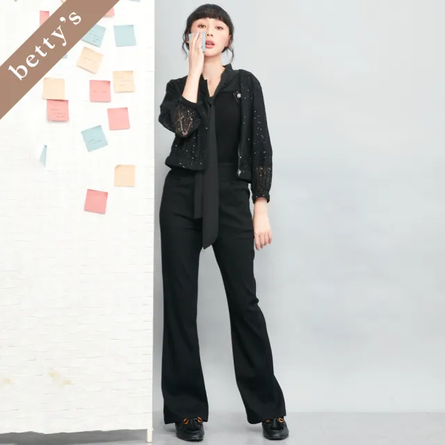 【betty’s 貝蒂思】菱格紋亮片透膚圓領短版外套(黑色)
