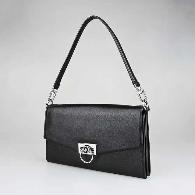 【Michael Kors】MICHAEL KORS HENDRIX縮寫LOGO信封造型皮革璇釦式手提肩背腋下包(黑)