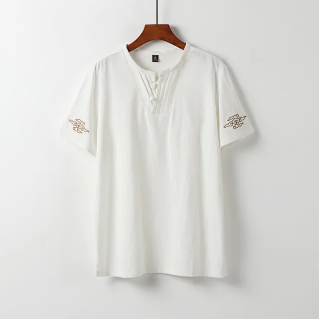 【米蘭精品】現貨+預購 新中式棉麻上衣棉麻襯衫T恤透氣日系亞麻休閒男裝(父親節送禮物復古風刺繡5色t1lk30)
