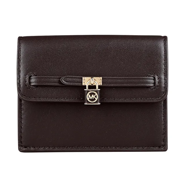 【Michael Kors】MICHAEL KORS Hamilton Legacy鎖頭吊飾2卡皮革卡片零錢包(小/巧克力棕)