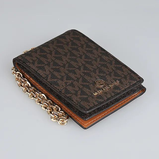 【Michael Kors】MICHAEL KORS JET SET CHARM 印花塗層帆布7卡釦式鏈帶卡夾包(深褐x橡子棕)