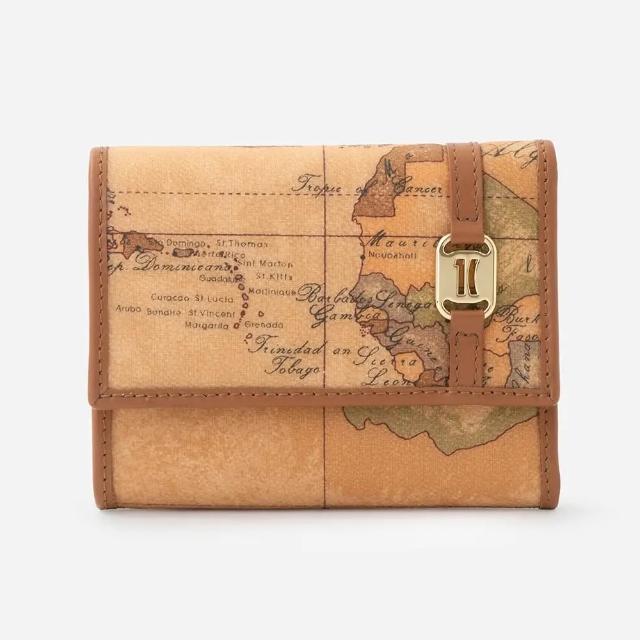 【Alviero Martini】義大利地圖包 釦式6卡零錢袋短夾(地圖黃)