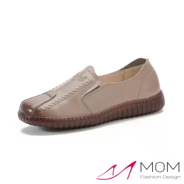 【MOM】真皮樂福鞋 軟底樂福鞋/真皮頭層牛皮刺繡縫線復古軟底樂福鞋(卡其)