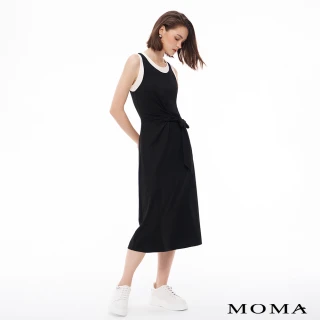 【MOMA】親膚彈力假兩件式撞色綁結長洋裝(黑色)