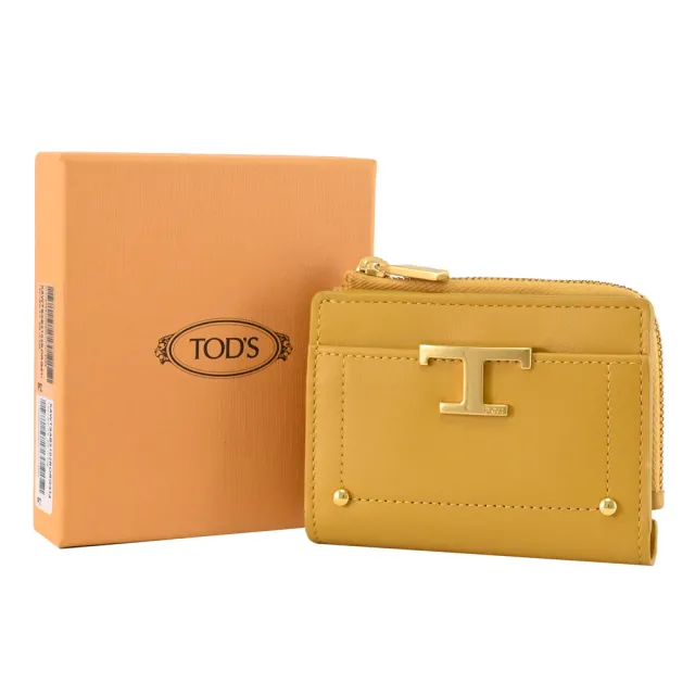 【TOD’S】TODS T Timeless 金屬T LOGO小牛皮扣式零錢短夾(淡黃)