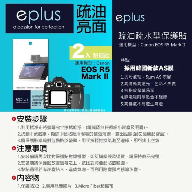 【eplus】疏油疏水型保護貼2入 EOS R5 Mark II(適用 Canon R5 II)
