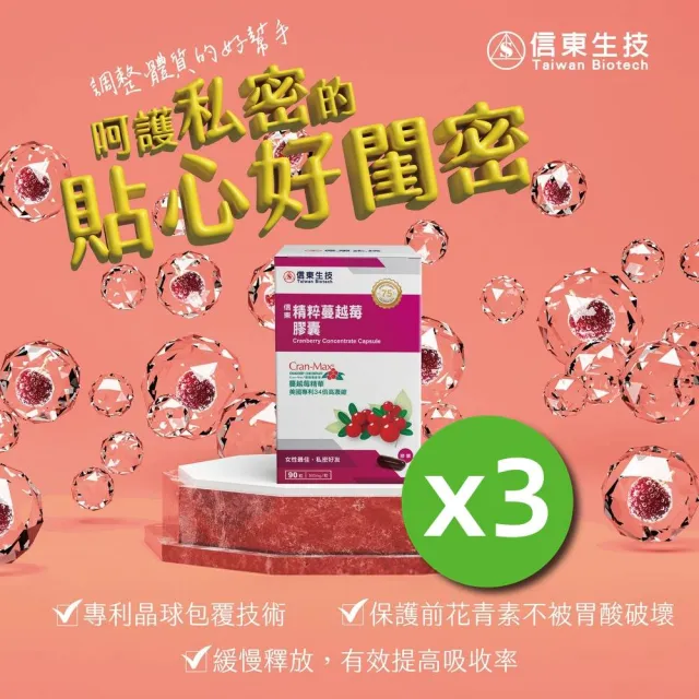 【信東生技】精粹蔓越莓膠囊3入組(90粒/盒)