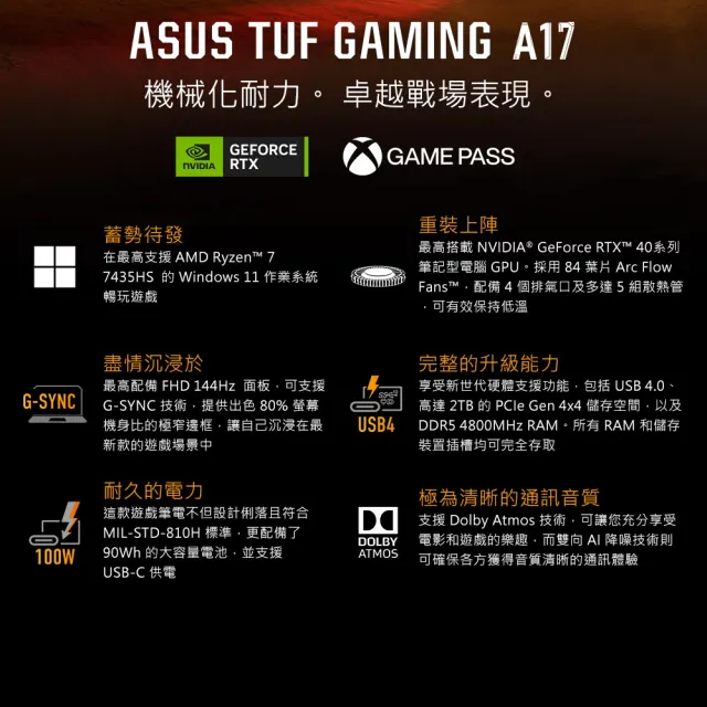 【ASUS 華碩】17.3吋GeForce RTX 4050 R7 電競筆電(FA707NUR-0042B7435HS/R7-7435HS/16G/1TB/W11)