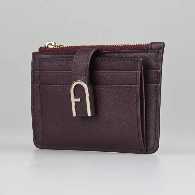 【FURLA 芙拉】FURLA FLOW拉鍊壓釦5卡零錢(酒紅)