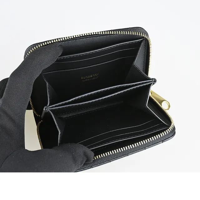 【BURBERRY 巴寶莉】BURBERRY Lola TB鍍金LOGO車縫小羊皮4卡拉鍊零錢包(黑)