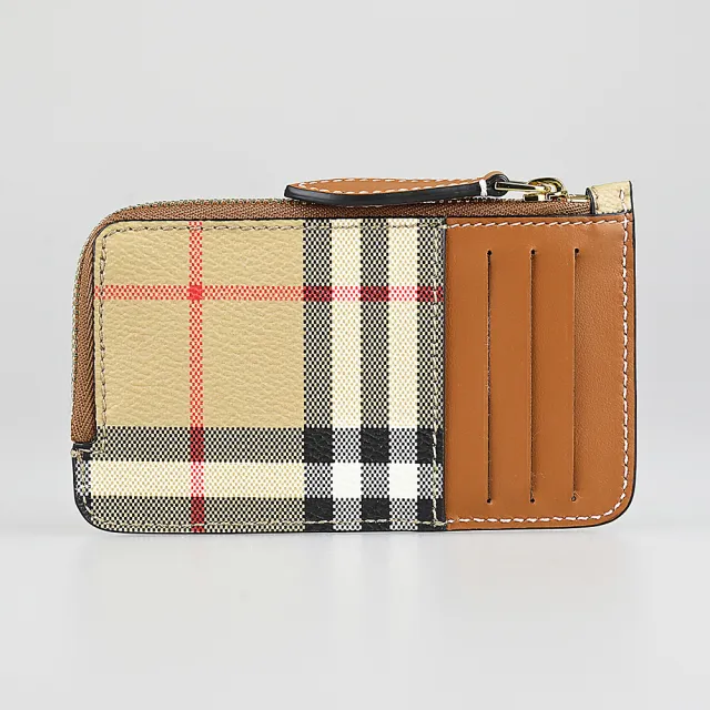 【BURBERRY 巴寶莉】BURBERRY 內燙印LOGO牛皮拼接格紋PVC4卡拉鍊零錢卡夾包(米棕)