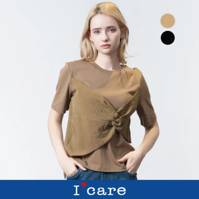 【I’Care 依卡】現貨-造型打結假兩件層次T恤 - 2色（F）｜女短袖T恤 假兩件上衣 女休閒上衣(607-12101)